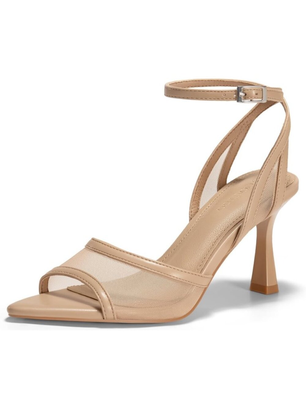 Women's Mesh Khaki Kitten Heels Pointed Open Toe Buckle Strap Summer Sandals